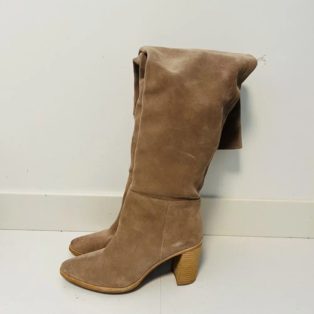 Jeffrey Campbell Boots Womens 11 Beige Suede Over Knee Slouch Block Heel Shoes